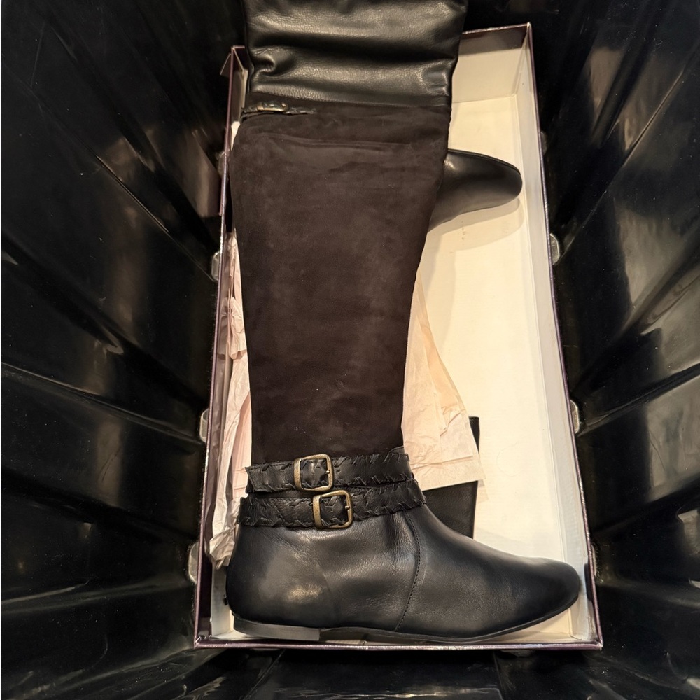 LONG TALL SALLY Black THIGH High  Boots with Buckle Detail